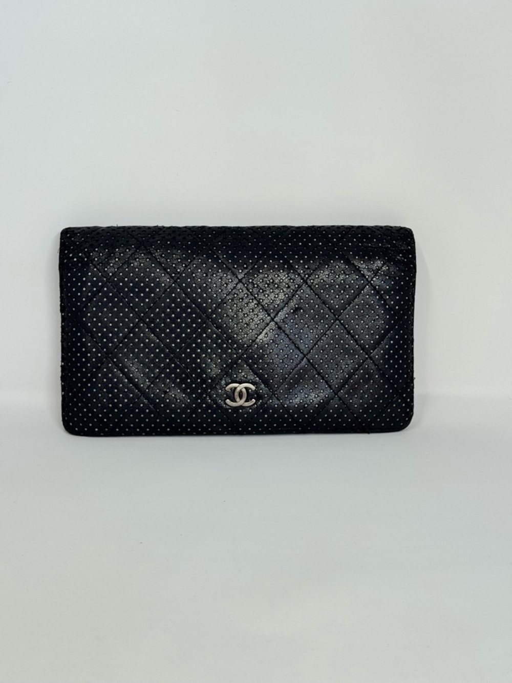 Authentic CHANEL Black Diamond Quilted Perforated Leather Wallet